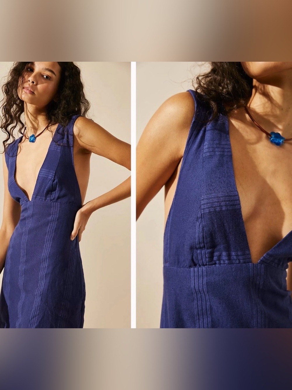 Deep V-Neck Sleeveless Midi Dress in Blue